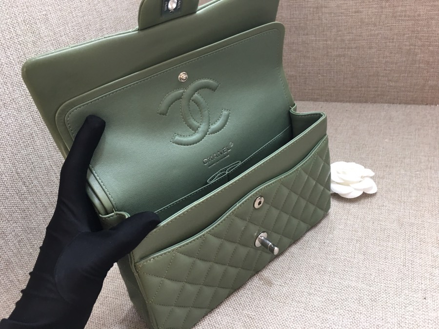 Medium Classic Flap Lambskin Bag AO1112 Dark Green/Silver